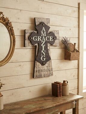 Amazing Grace Decorative Wall Cross - Rustic Brown & Cream